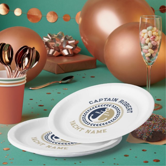 Blue and gold nautical boat anchor  paper plates (Multi)