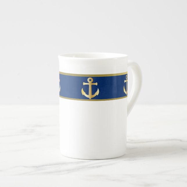 Blue and Gold Nautical Bone China Mug (Front Right)