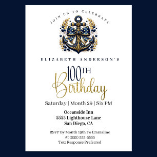 Blue and Gold Nautical Bow Anchor 100th Birthday Invitation