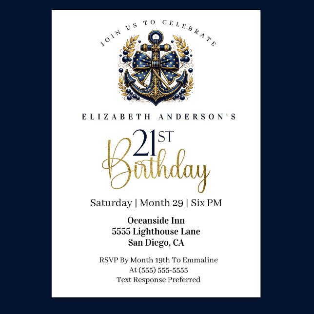 Blue and Gold Nautical Bow Anchor 21st Birthday Invitation (Navy blue and gold nautical 21st birthday invitation)