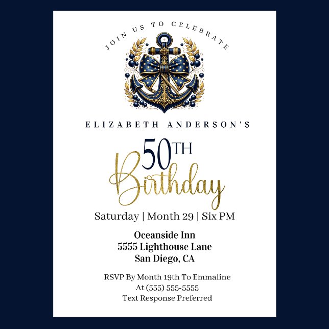 Blue and Gold Nautical Bow Anchor 50th Birthday Invitation (Blue and gold nautical 50th birthday invitation)
