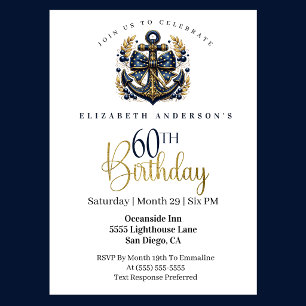 Blue and Gold Nautical Bow Anchor 60th Birthday Invitation