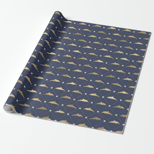Blue and Gold Nautical Dolphin Pattern Wrapping Paper