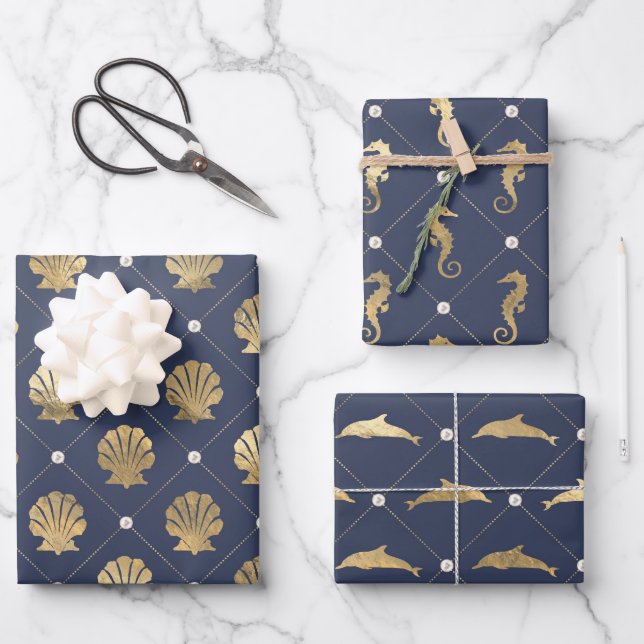 Blue and Gold Nautical Pattern Wrapping Paper Sheets (Front)
