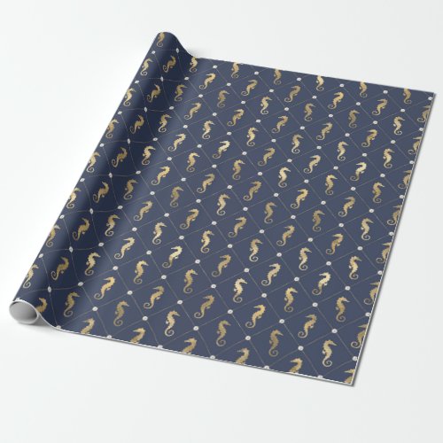 Blue and Gold Nautical Seahorse Pattern Wrapping Paper