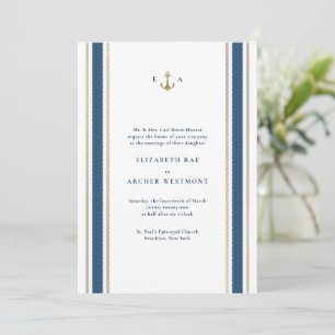 Blue and Gold Nautical Stripes Coastal Wedding Invitation