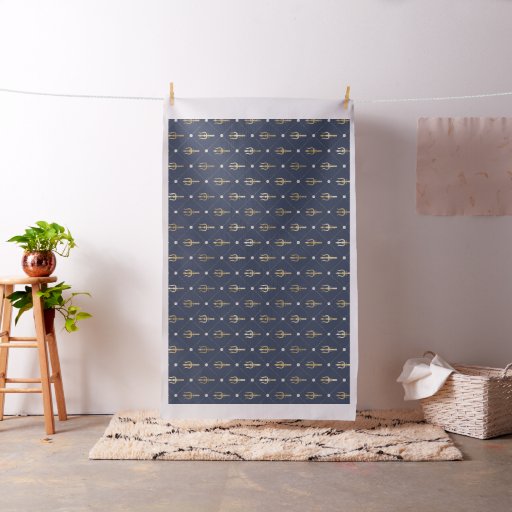 Blue and Gold Nautical Trident Pattern Fabric