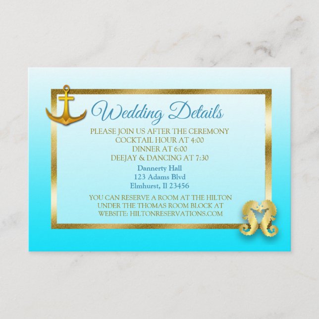 Blue and Gold Nautical Wedding Details Card (Front)