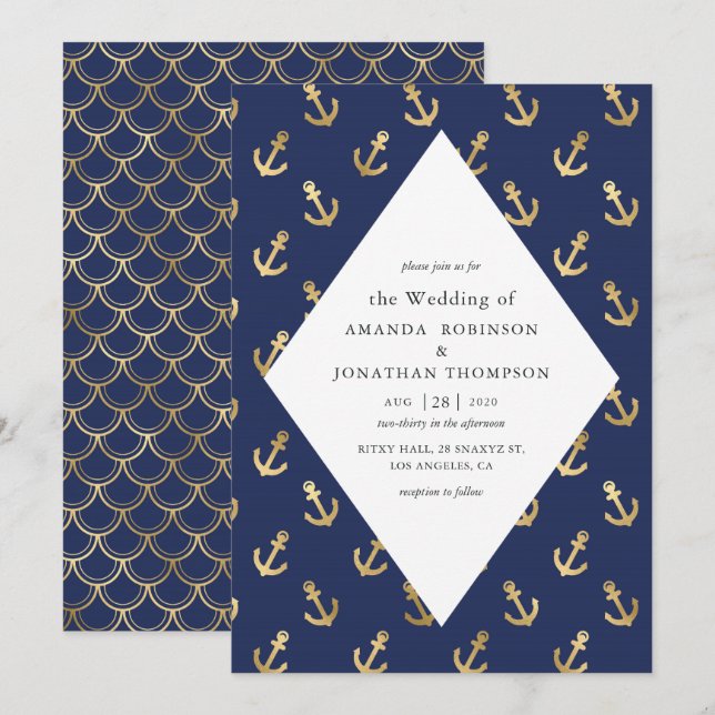 Blue and Gold Nautical Wedding Invitation (Front/Back)