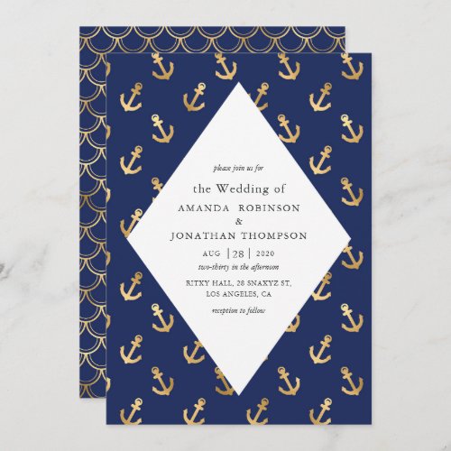 Blue and Gold Nautical Wedding Invitation