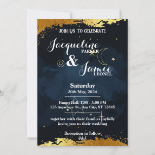 Blue and Gold Night Sky Illustrative Wedding Invitation