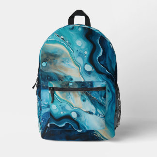 Blue and Gold Ocean Waves Printed Backpack