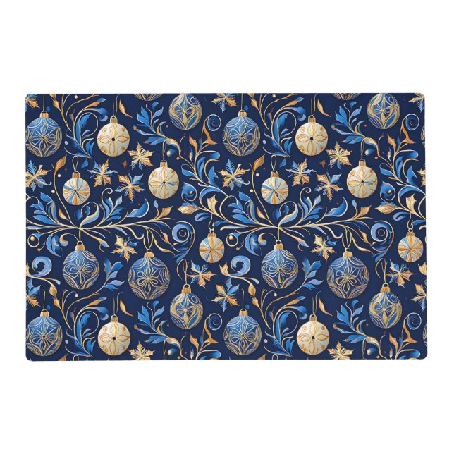 Blue and Gold Ornamental Christmas Designs Placemat (Front)