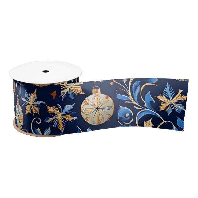 Blue and Gold Ornamental Designs Christmas Satin Ribbon (Spool)