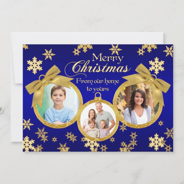 Blue and Gold Ornaments Christmas Photo Card (Front)