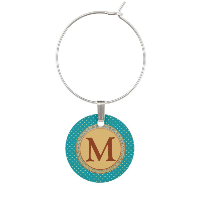 Blue and Gold Ornate Monogram Wine Charm (Front)