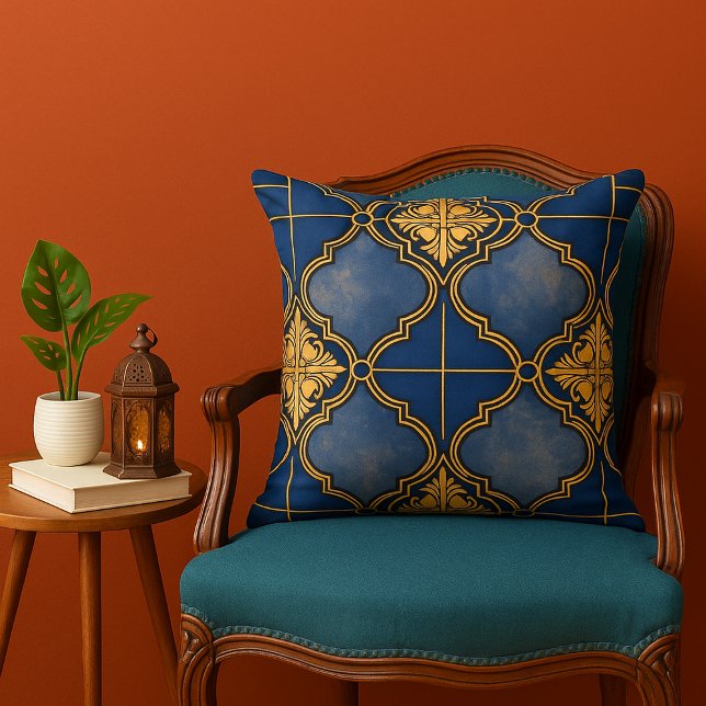 Blue and Gold Ornate Moroccan Tile Pattern Throw Pillow (Blue and gold ornate Moroccan Tile Pattern throw pillow in Boho living room)