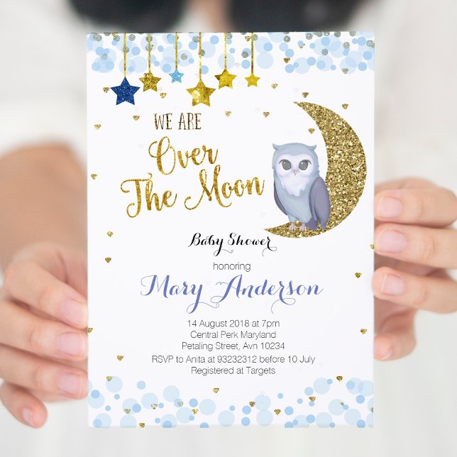 Blue and Gold Over the Moon Owl Baby Shower Invitation (Creator Uploaded)