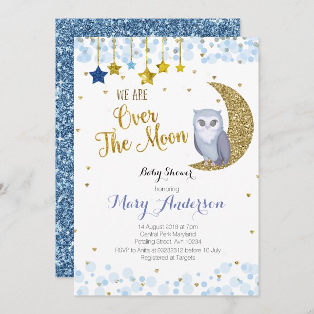 Blue and Gold Over the Moon Owl Baby Shower Invitation (Front/Back)