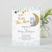 Blue and Gold Over the Moon Owl Baby Shower Invitation (Standing Front)