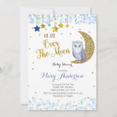 Blue and Gold Over the Moon Owl Baby Shower Invitation (Front)