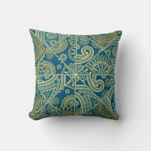 Blue and Gold Paisley Kaleidoscope Pillow