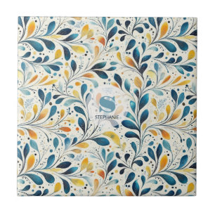 Blue and Gold Paisley Leaf Pattern (2) Ceramic Tile