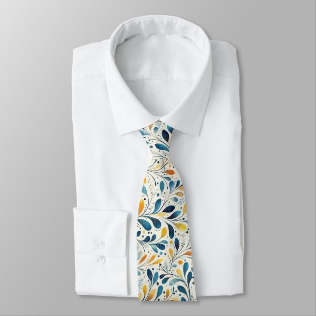 Blue and Gold Paisley Leaf Pattern (2) Neck Tie (Tied)