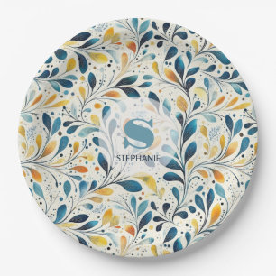 Blue and Gold Paisley Leaf Pattern (2) Paper Plates