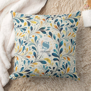 Blue and Gold Paisley Leaf Pattern (2) Throw Pillow