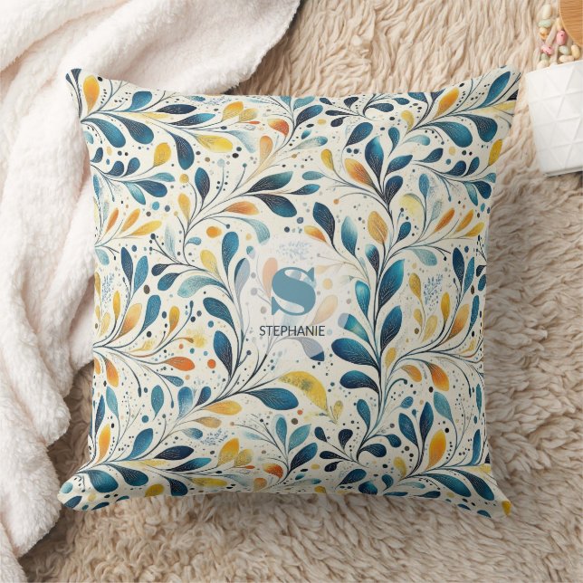 Blue and Gold Paisley Leaf Pattern (2) Throw Pillow (Blanket)