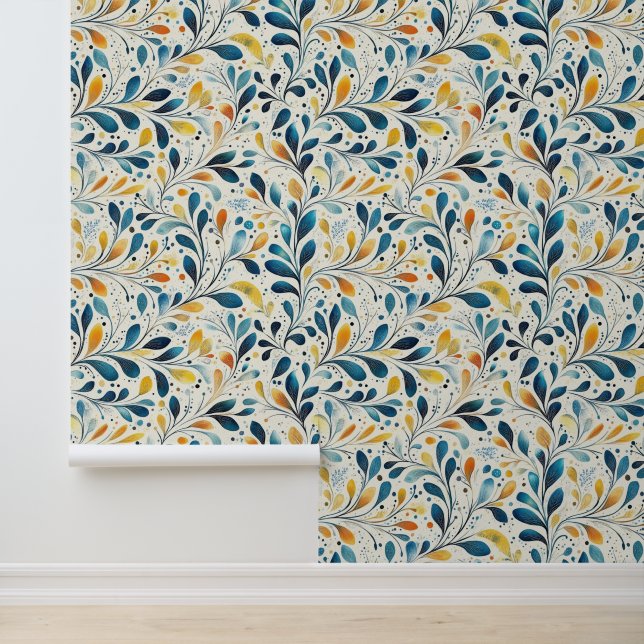 Blue and Gold Paisley Leaf Pattern (2) Wallpaper (Application)