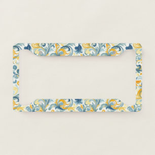 Blue and Gold Paisley Leaf Pattern License Plate Frame