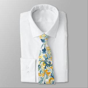 Blue and Gold Paisley Leaf Pattern Neck Tie