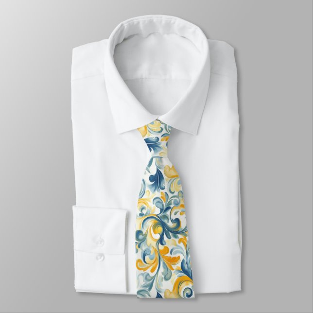 Blue and Gold Paisley Leaf Pattern Neck Tie (Tied)