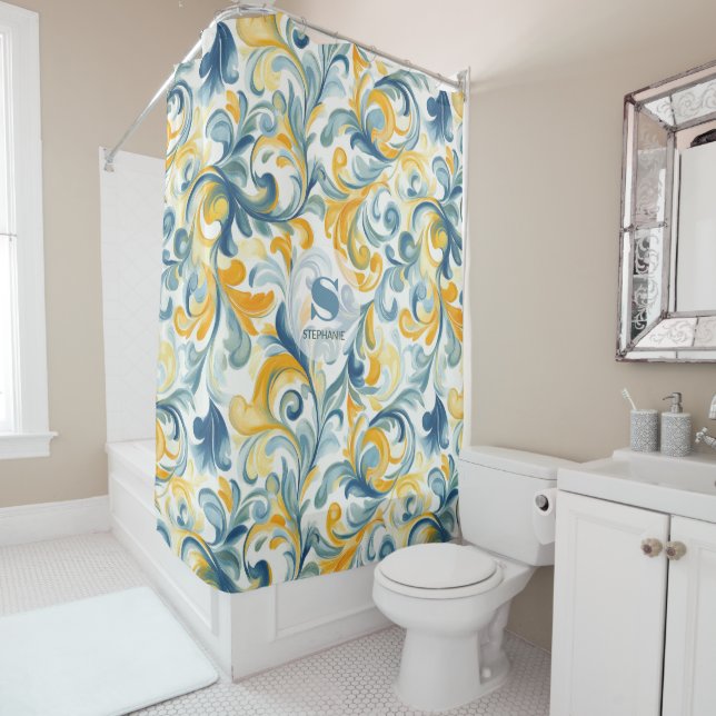 Blue and Gold Paisley Leaf Pattern Shower Curtain (In Situ)