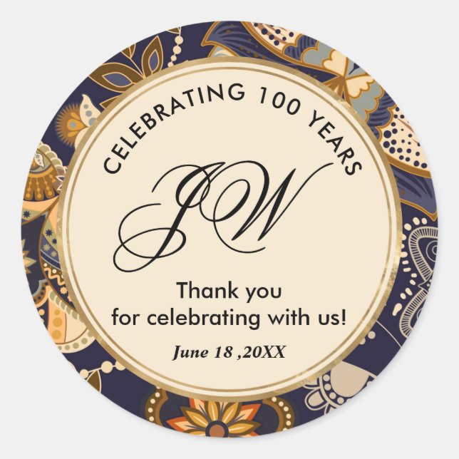 Blue and Gold Pattern 100th Birthday Thank You Classic Round Sticker (Front)