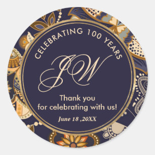 Blue and Gold Pattern 100th Birthday Thank You Classic Round Sticker