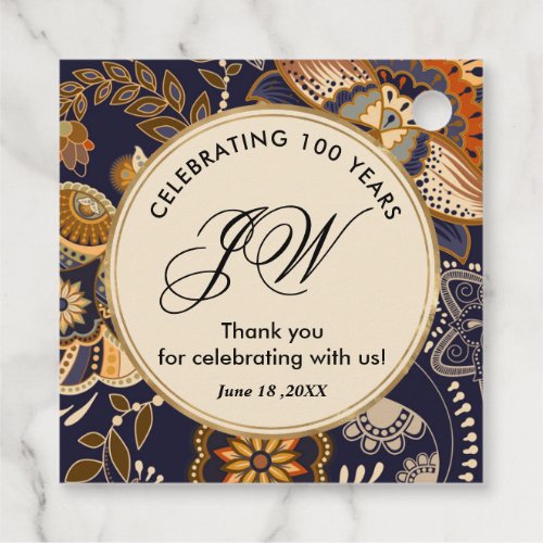 Blue and Gold Pattern 100th Birthday Thank You Favor Tags