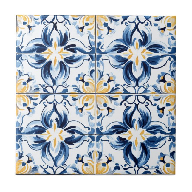 Blue and Gold Pattern Ceramic Tile (Front)