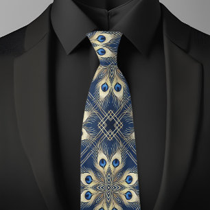 Blue and Gold Peacock Feathers Geometric Pattern Neck Tie
