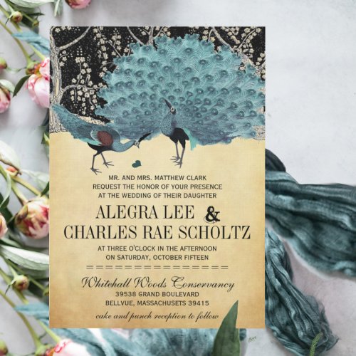 Blue and Gold Peacock Forest Grove Wedding Invitation