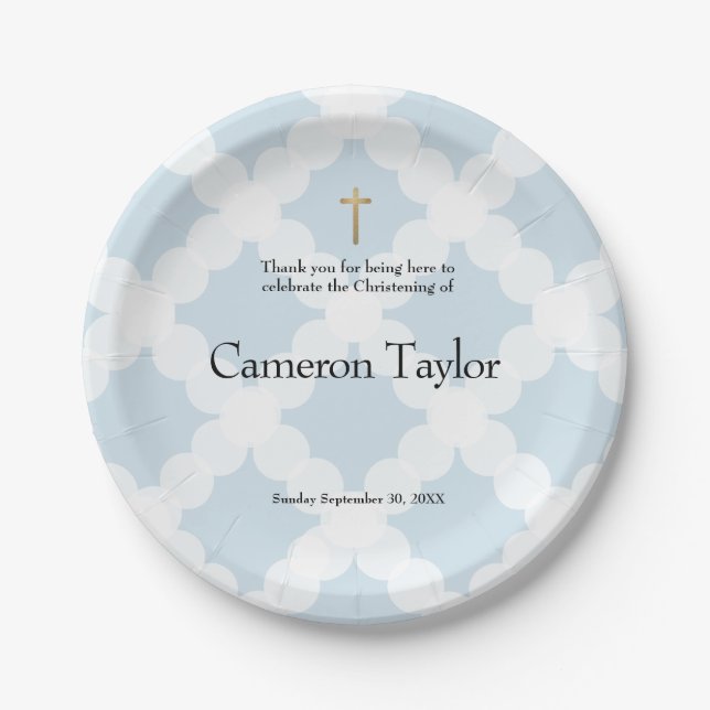 Blue and Gold Personalized Baby Christening Paper Plates (Front)