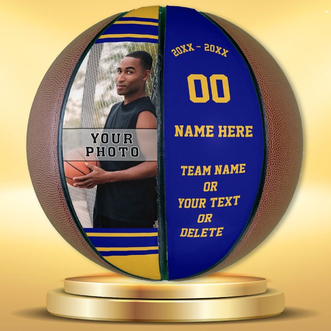Blue and Gold Personalized Basketball with PHOTO (Photo Basketball. Senior Night Basketball Gifts. Basketball team gifts. Gifts for basketball seniors)