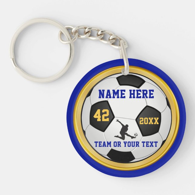 Blue and Gold PERSONALIZED Boys Soccer Gifts Keychain (Front)