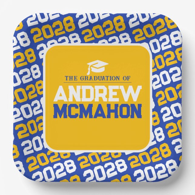 Blue and Gold Personalized Graduation Paper Plates (Front)