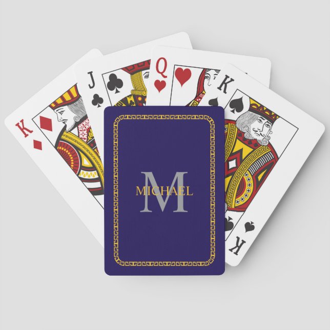 Blue and Gold Personalized Monogram and Name  Poker Cards (Back)
