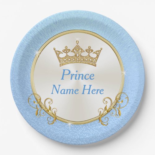 Blue and Gold Personalized Prince Paper Plates