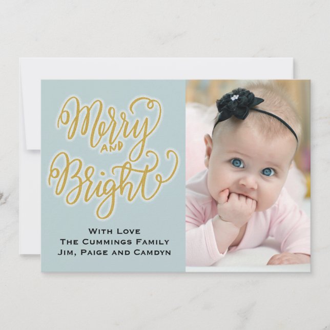 Blue and Gold Photo Christmas Card Merry & Bright (Front)