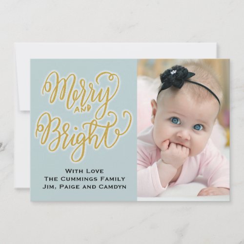 Blue and Gold Photo Christmas Card Merry  Bright